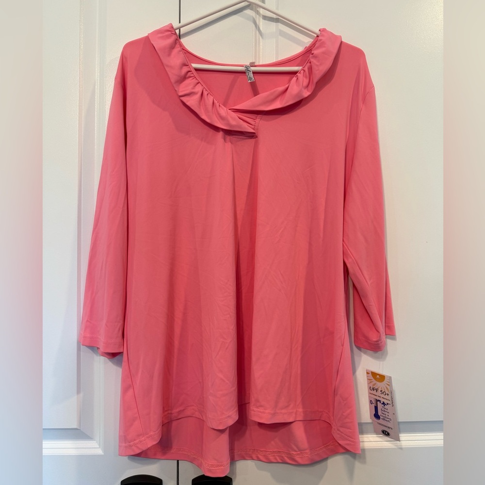 Lulu-B Coral Ruffle Neck Blouse NWT 1X 3/4 Sleeve